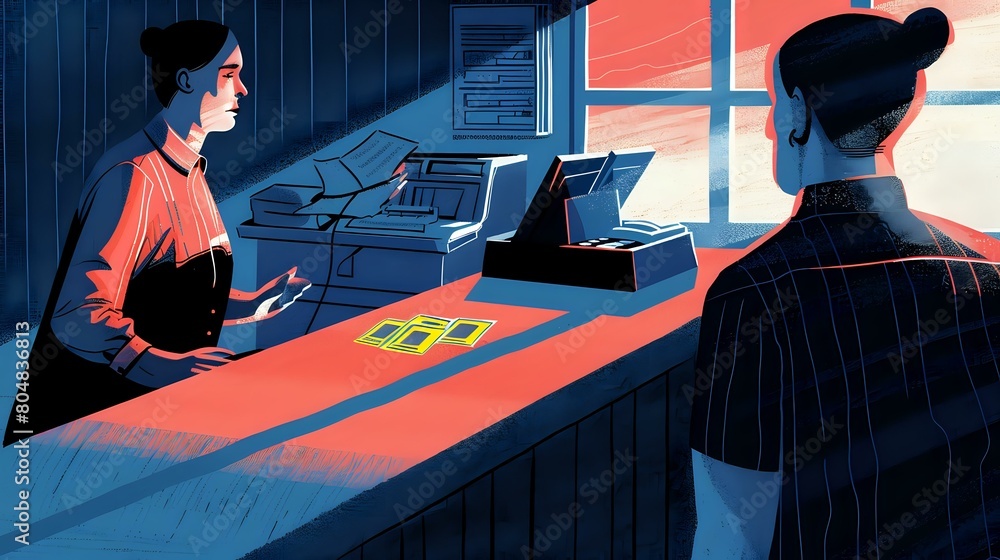 Fototapeta premium Bank Teller's Engagement: Illustration of Interacting with Customers in a Bank