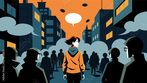 A graphic novel panel of a person walking through a crowded city street with speech bubbles representing the overwhelming noise and chaos in their. Vector illustration