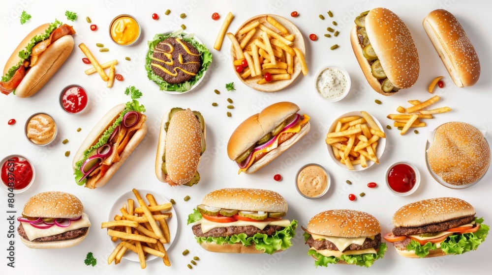 A tempting array of fast food classics, from sandwiches to fries, neatly arranged on a pristine white background