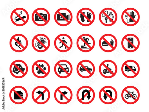 Prohibition signs, safety sign for industry and construction (no smoking, access, photo, camera, phone, dogs, eating, food, drink)
