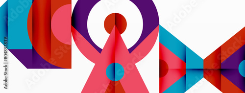 A red ribbon is encompassed by geometric shapes in shades of purple and electric blue on a white background. The design showcases symmetry and pattern in an artful display of circles and triangles