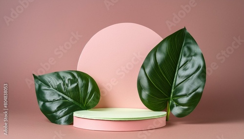 3d background products display podium scene with green leaf geometric platform. background  3d render with podium. stand to show cosmetic products. Stage showcase on pedestal display pink studio