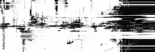 A black and white ink painting in the style of VHS glitch and noise and an old rusty surface overlay.