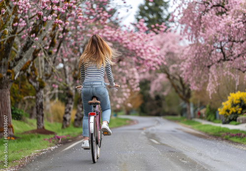 A cheerful woman riding her bike down an empty country road, surrounded by blooming cherry blossom trees in full bloom