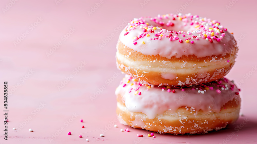 One Dunuts with pink topping on pink background. One Dunuts with pink topping on pink background.