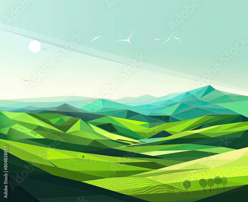 Vector illustration Meadow polygonal landscape Clear sky background Triangle shapes Hills Graphic modern wallpaper Abstract art Minimalist style Design element for web banner --ar 128:105