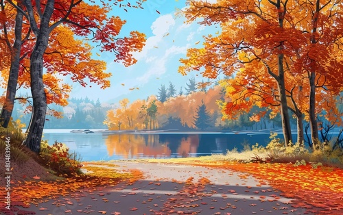 Autumn landscape in forest with bright colored leaves, lake and front road. 