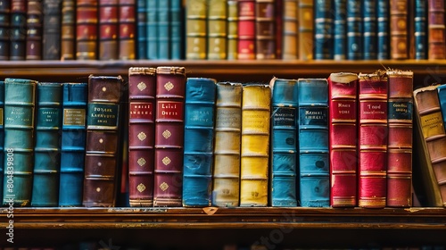 Attractive Leatherbound books on a wooden table in a library photo