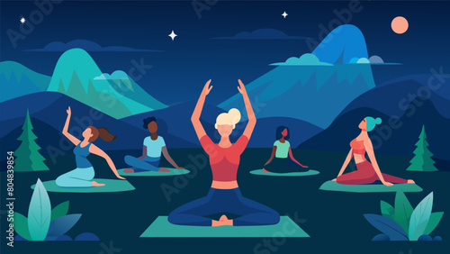 An outdoor yoga session at night with participants flowing through poses while taking in the calming atmosphere created by the ling stars above..