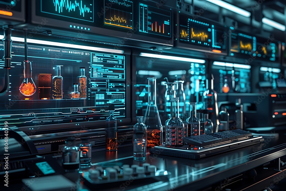 Naklejka premium Science laboratory with equipment analyzing digital data streams