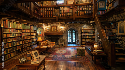 Magnificent Library with bookshelves and reading nooks in stately mansion