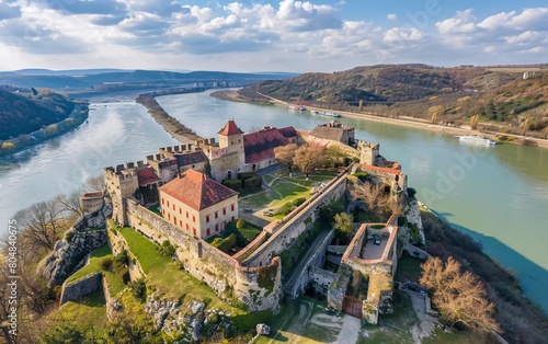 Aerial view of Visegrad fortress castle in Hungary. Next to the Danube river at the bend of the Danube photo