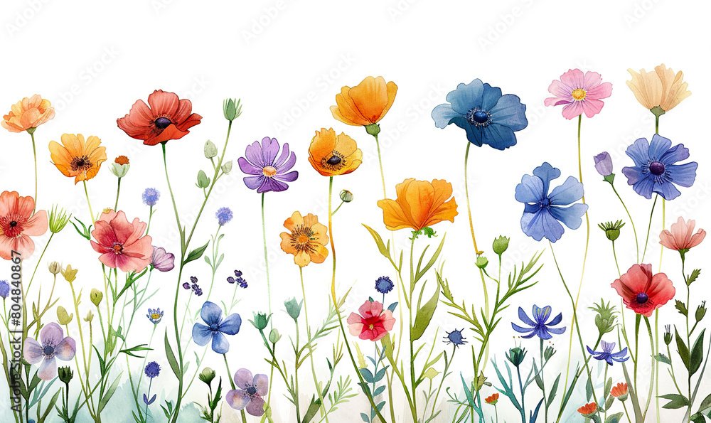 A vibrant watercolor illustration of a field of assorted wildflowers. Generate AI