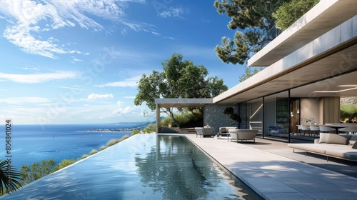 Illustrate a 3D view of a modern house exterior, with a focus on the integration of design elements that harmonize with a scenic sea and a backdrop of a clear, blue sky. © Meesam