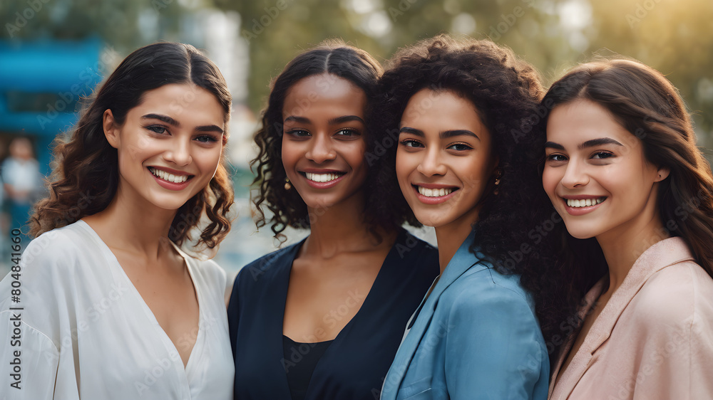 Four happy women of different ages and ethnic backgrounds, with bright smiles, posing together against a vibrant blue background Four happy women of different ages and ethnic backgrounds, with bright smiles, posing together against a vibrant blue background