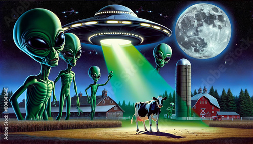 Aliens and Cow in Field: A Quirky Painting photo