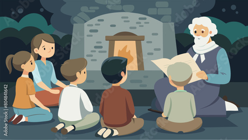 In a small village villagers sit in front of a stone hearth as a silverhaired elder reads from a tattered and weathered copy of the Declaration of. Vector illustration