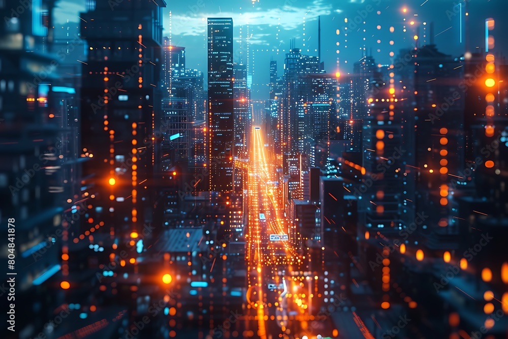 Science fiction cityscape with holographic data projections