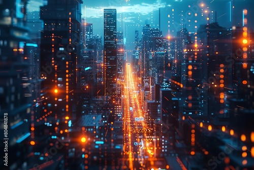Science fiction cityscape with holographic data projections © AhmadTriwahyuutomo