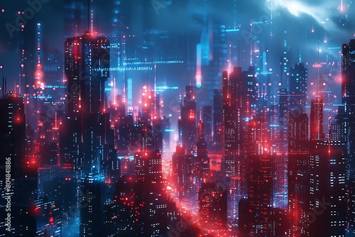 Science fiction cityscape with holographic data projections