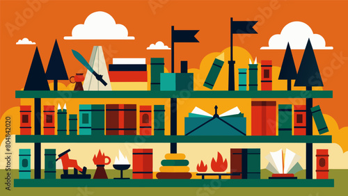 The shelves are lined with books on military history ranging from ancient battles to modern warfare tactics.. Vector illustration