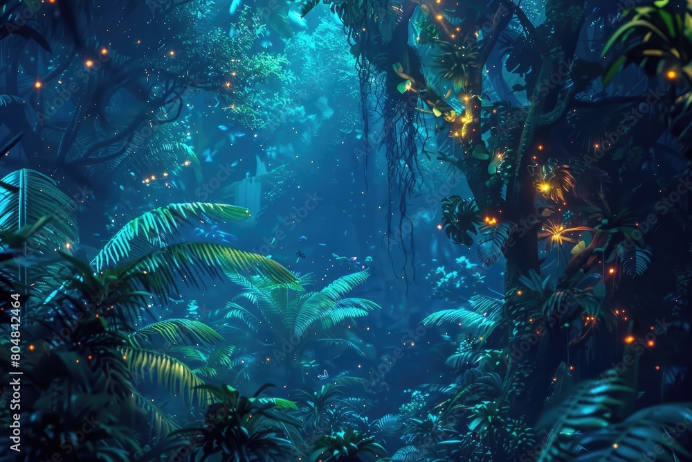 Fantasy forest with palm trees and neon lights. 3d rendering