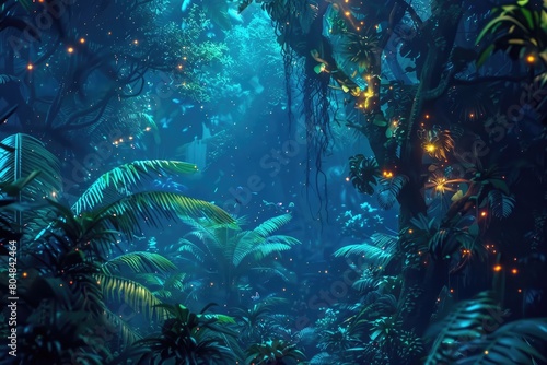 Fantasy forest with palm trees and neon lights. 3d rendering