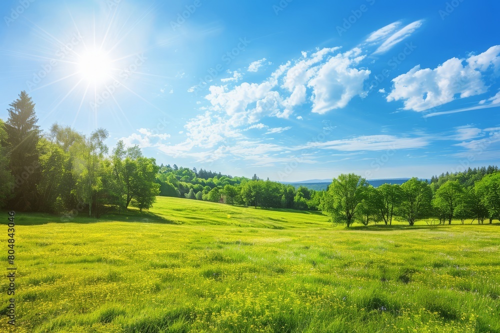 Obraz premium Beautiful summertime landscape with a sunlit grass field, blue sky