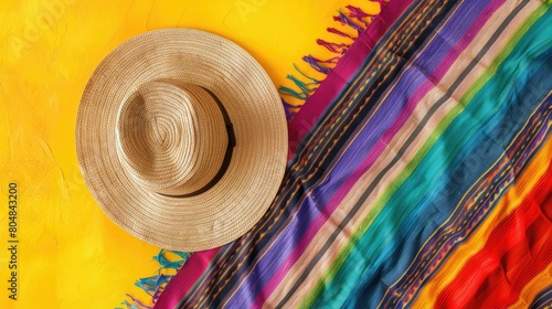 A classic Mexican Sombrero and vibrant serape blanket set against a sunny yellow backdrop with plenty of space for your text