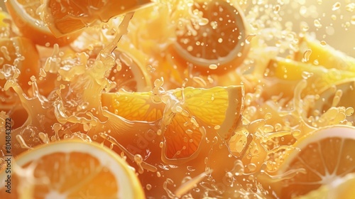 Illustrate an eye-catching 3D view of isolated sweet orange slices with dynamic juice waves  creating a visually enticing representation.