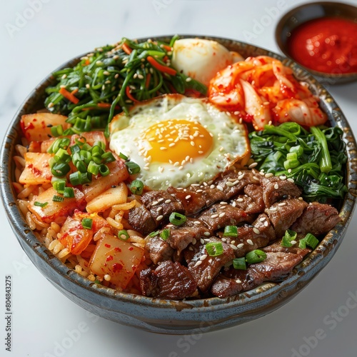 a plate of bibimbap, japchae, kimchi and bulgogi on the side, served with a spicy gochujang dipping sauce