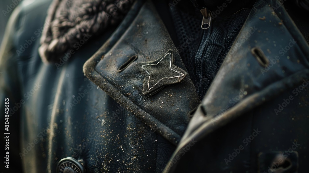 Brave Adventurer's Worn Coat with Star-Shaped Cinematic Photography Brave Adventurer's Worn Coat with Star-Shaped Cinematic Photography