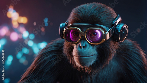 cute monkey wearing glasses combination of neon lights, black background, 3d rendering, AI generative,cute monkey wearing glasses combination of neon lights, black background, 3d rendering ,AI genera
 photo