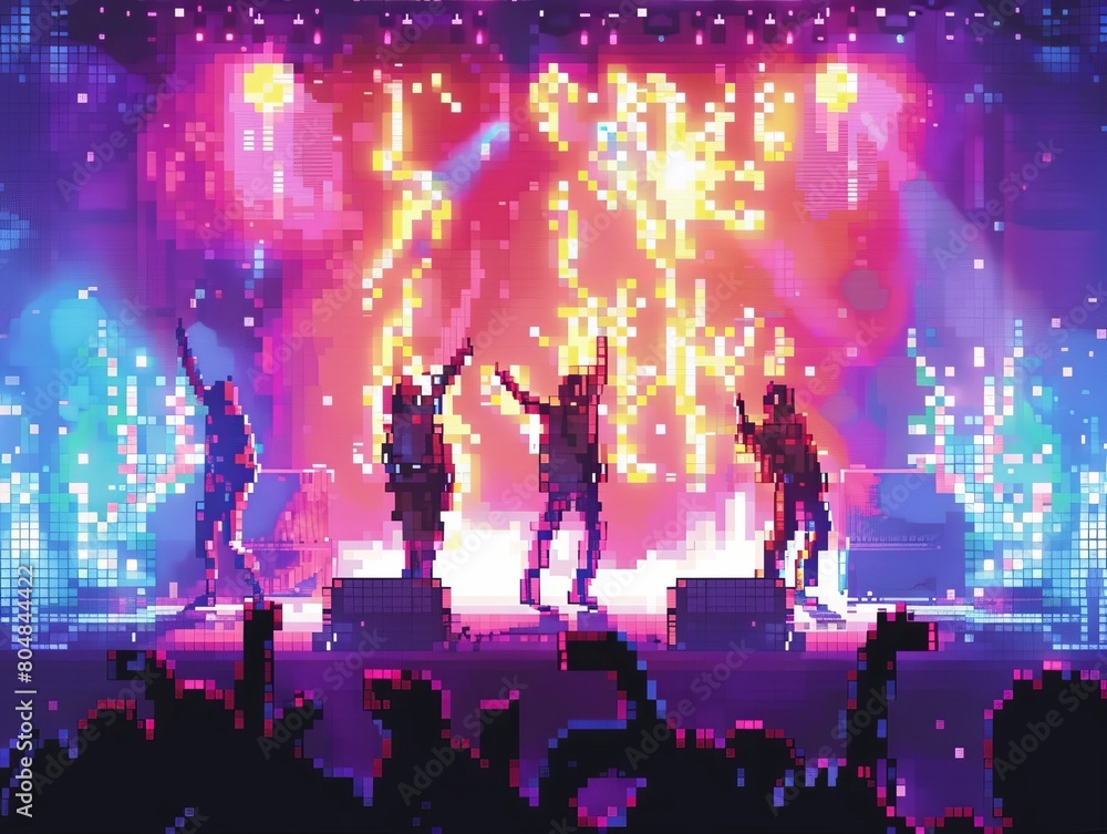 Electrifying K-Pop Concert in Retro Pixel-Art Aesthetic with Vibrant Lights and Energetic Crowd