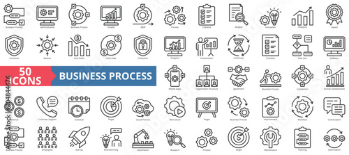 Business process icon collection set. Containing administration, growth, agile, process, checklist, analyze, innovation icon. Simple line vector.