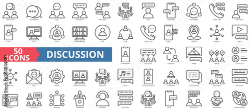 Discussion icon collection set. Containing conversation, chat, social media, phone call, social, online meeting, user icon. Simple line vector.