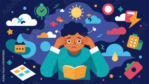 A cartoon of a person trying to organize their thoughts but being overwhelmed by a flood of diverse imagery and concepts symbolizing the difficulty of. Vector illustration