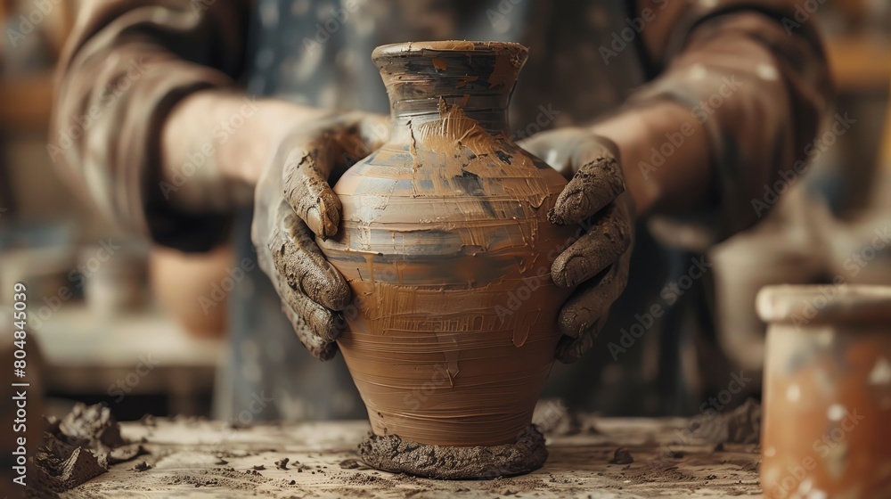 Handmade pottery, focusing on the artist's hands shaping clay into a beautiful vase Handmade pottery, focusing on the artist's hands shaping clay into a beautiful vase