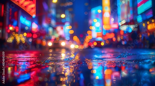 Glittering city lights at night, close-up on neon signs reflecting the vibrant urban nightlife