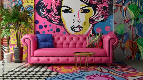 Eclectic Modern Living Room with Vibrant Pink Sofa and Pop Art Wallpaper in a Newly Designed Home