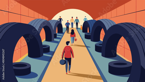 An underground art installation featuring a maze of tunnels made from old tires captivating visitors with its surprising use of everyday objects.. Vector illustration