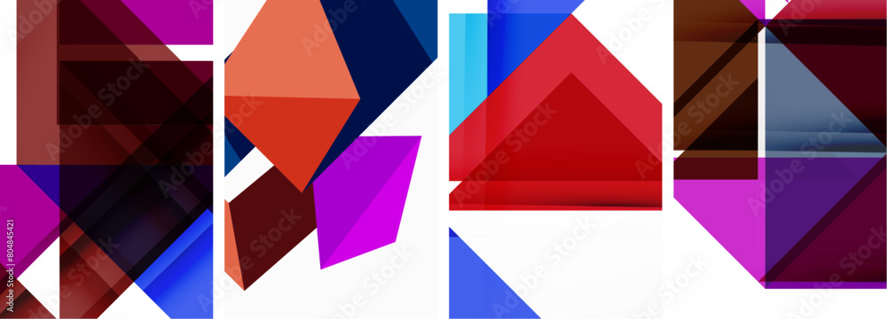 A series of vibrant triangles in shades of azure, violet, and magenta create a visually striking pattern on a white canvas, showcasing creative artistry and symmetry A series of vibrant triangles in shades of azure, violet, and magenta create a visually striking pattern on a white canvas, showcasing creative artistry and symmetry
