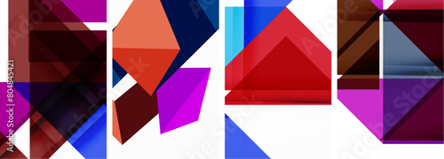 A series of vibrant triangles in shades of azure, violet, and magenta create a visually striking pattern on a white canvas, showcasing creative artistry and symmetry