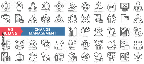 Change management icon collection set. Containing agile, process, people, monitor, structure, briefcase, report icon. Simple line vector.