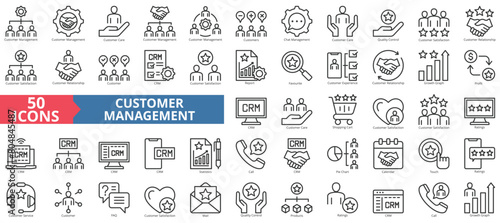 Customer management icon collection set. Containing care, chat, quality control, satisfaction, relationship, crm, report icon. Simple line vector.
