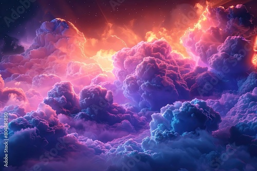 3D rendering of clouds in the style of neural network, neon colors on a dark background © Anapus