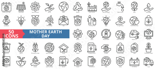 Mother earth day icon collection set. Containing solar panel, save the planet, sprout, recycle, green factory, water faucet, plant icon. Simple line vector.