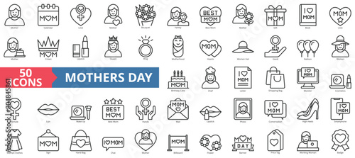Mothers day icon collection set. Containing calendar, bouquet, family, best mom, gift, love, crown icon. Simple line vector.