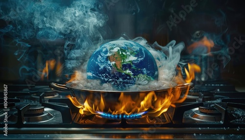 The planet Earth is cooking in the pan on a gas stove