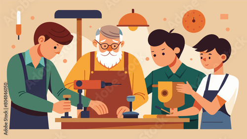 The workshop was a place to learn and share the knowledge of traditional craftsmanship. A group of apprentices watched in awe as a woodworker used a. Vector illustration